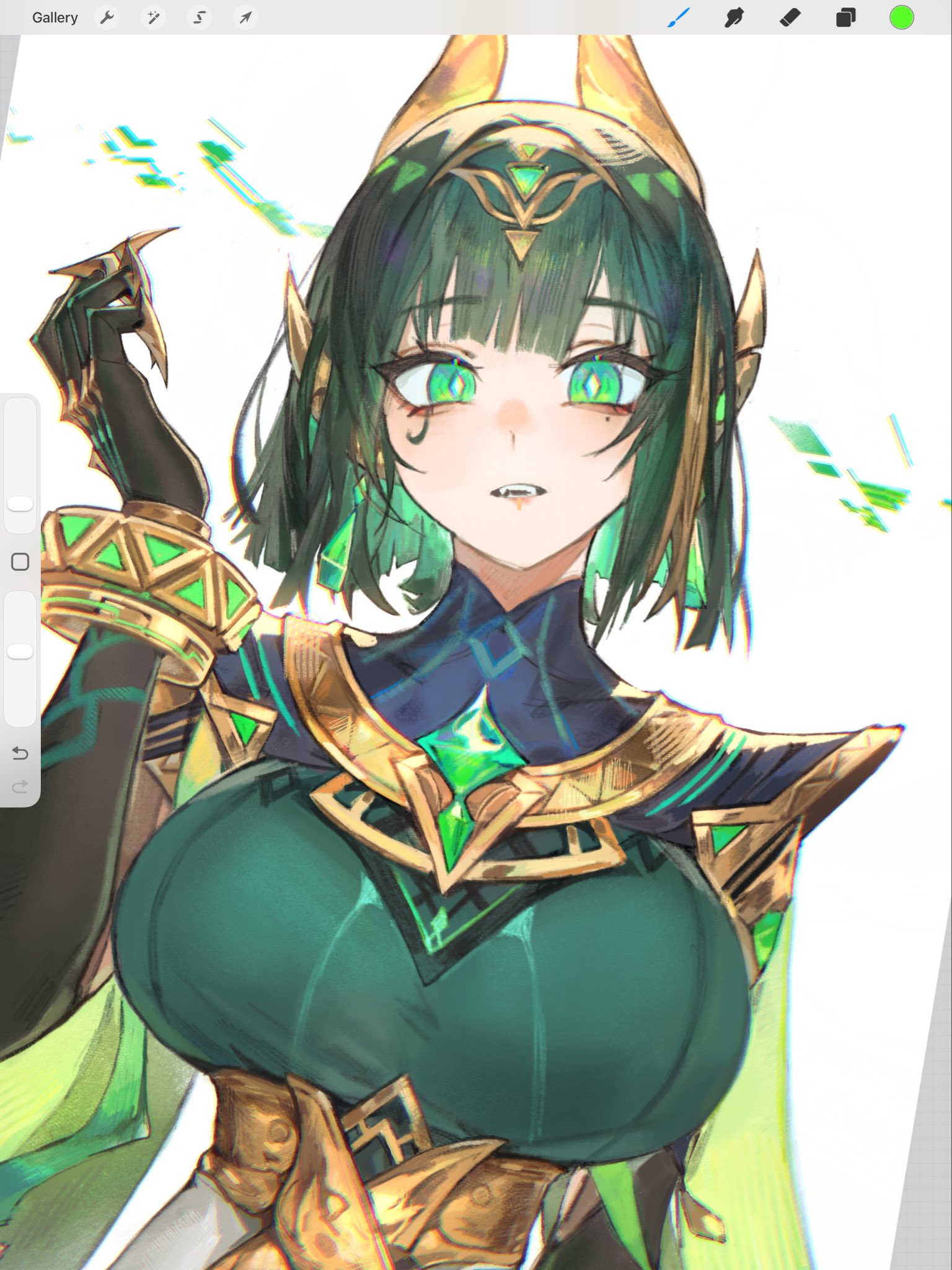 lucadark art, nefer (genshin impact), genshin impact, highres, 1girl, ancient egyptian clothes, breasts, bright pupils, claw ring, claws, elbow gloves, eye tattoo, facial mark, fake claws, gem, gloves, green eyes, green gemstone, green hair, green streaks, hair ornament, headpiece, jewelry, large breasts, looking at viewer, mark under eye, mole, mole under eye, short hair, solo, symbol-shaped pupils, tattoo, triangle-shaped pupils, upper body, usekh collar, white background, white pupils