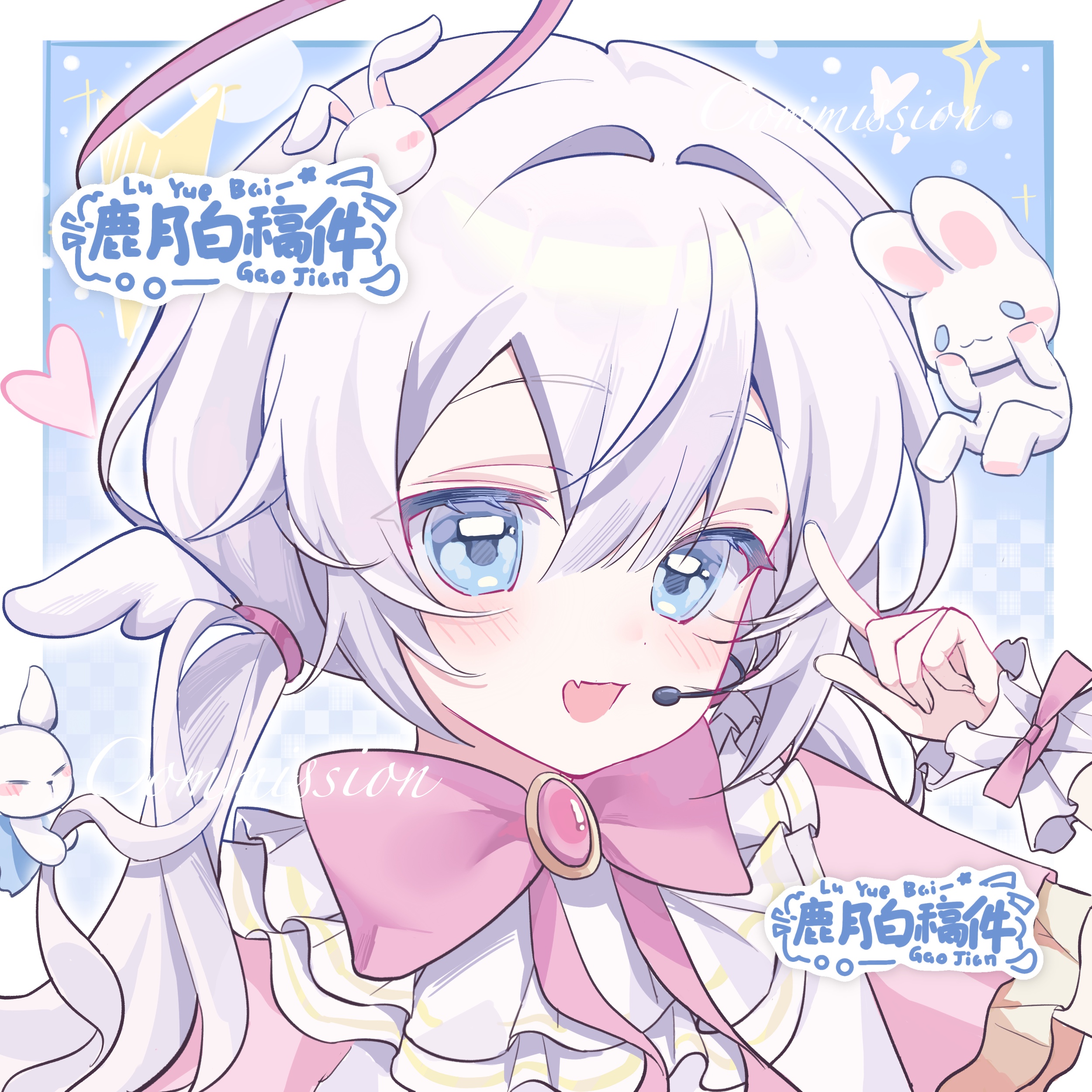 original, absurdres, highres, 1girl, :d, blue background, blush, border, bow, bowtie, dot nose, double-parted bangs, fang, frilled sleeves, frills, grey hair, hair between eyes, halo, hand up, headset, heart, index finger raised, long hair, low twintails, lu yue bai, open mouth, outside border, pink bow, pink bowtie, pink halo, pink shirt, portrait, rabbit, shirt, short sleeves, skin fang, smile, solo, twintails, white border, wrist cuffs