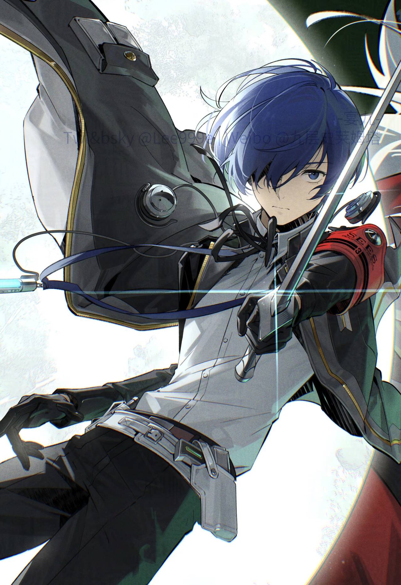 lee999nine, yuuki makoto (persona 3), persona, persona 3, persona 3 reload, highres, 1boy, armband, belt, black gloves, black pants, black ribbon, blue eyes, blue hair, bluesky username, closed mouth, cowboy shot, digital media player, digital walkman, dress shirt, earphones, earphones removed, evoker, floating clothes, full moon, gekkoukan high school uniform, glint, gloves, grey belt, hair over one eye, holding, holding sword, holding weapon, long sleeves, looking at viewer, male focus, moon, pants, red armband, ribbon, s.e.e.s, school uniform, shirt, short hair, solo, sword, twitter username, walkman nw-s203f, weapon, weibo username, white shirt