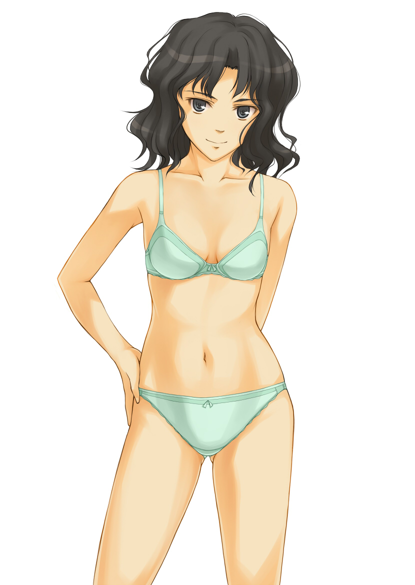 suda (yuunagi enikki), tanamachi kaoru, amagami, bad id, bad pixiv id, 1girl, black hair, bra, female focus, hand on own hip, hip focus, lingerie, navel, panties, solo, thigh gap, underwear, underwear only, wavy hair