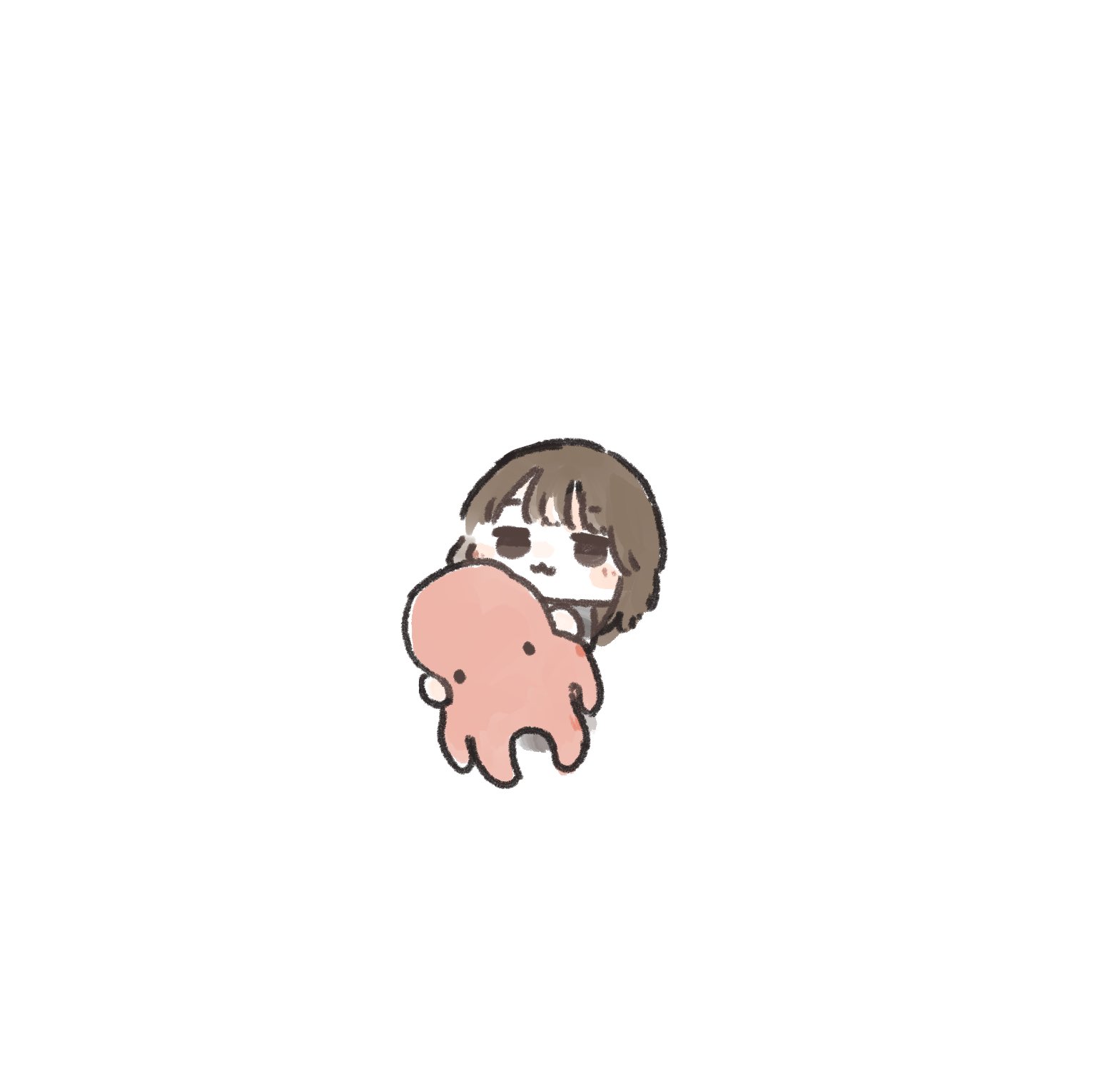ao kaeru, tsukine kona, real life, highres, 1girl, :3, animification, blush, brown eyes, brown hair, chibi, chibi only, closed mouth, looking at viewer, negative space, simple background, solo, stuffed animal, stuffed octopus, stuffed toy, voice actor, white background