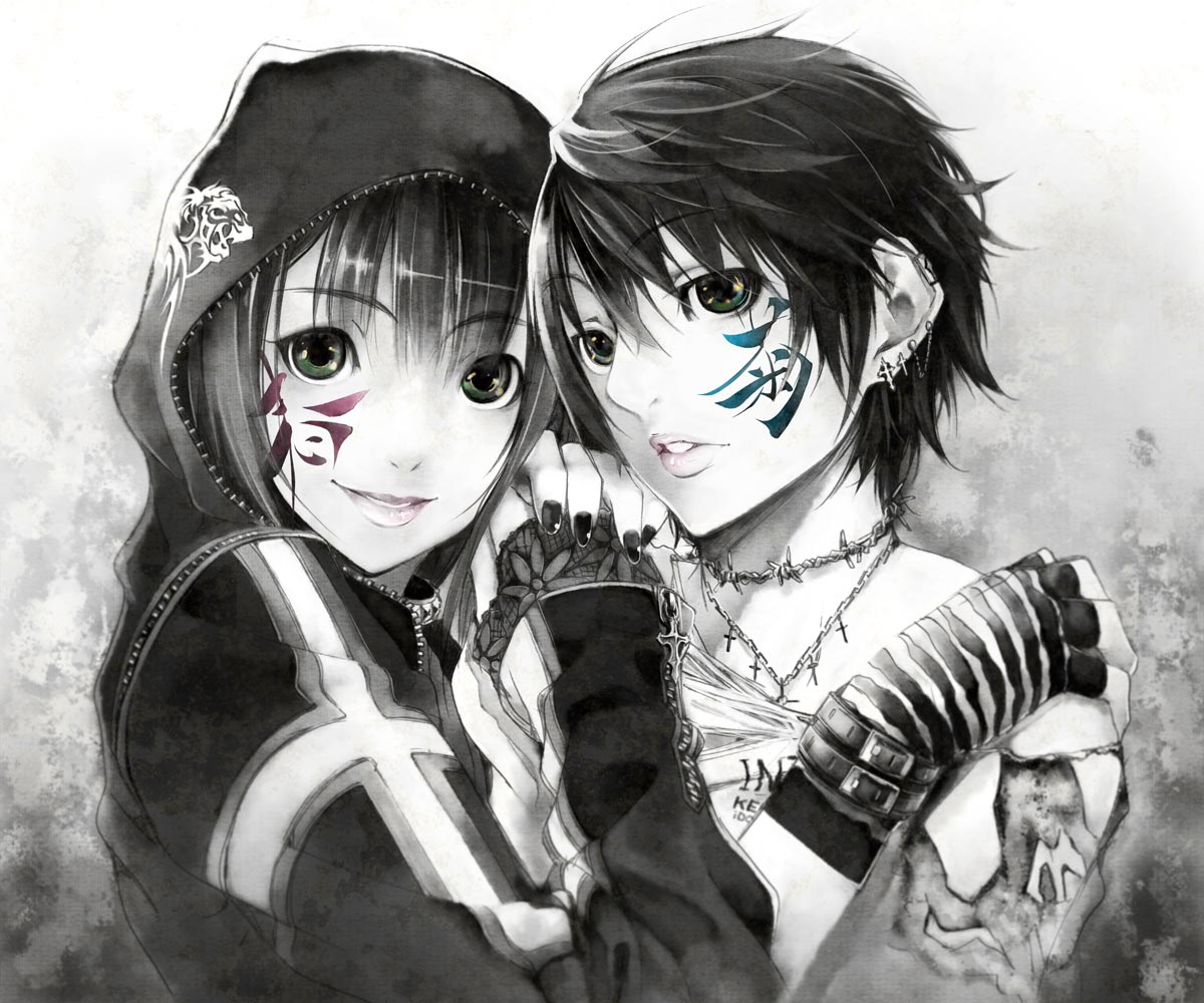 shiomiya iruka, amami haruka, kikuchi makoto, idolmaster, idolmaster (classic), idolmaster 1, bad id, bad pixiv id, 00s, cross, earrings, facepaint, gloves, hood, hoodie, jewelry, nail polish, necklace