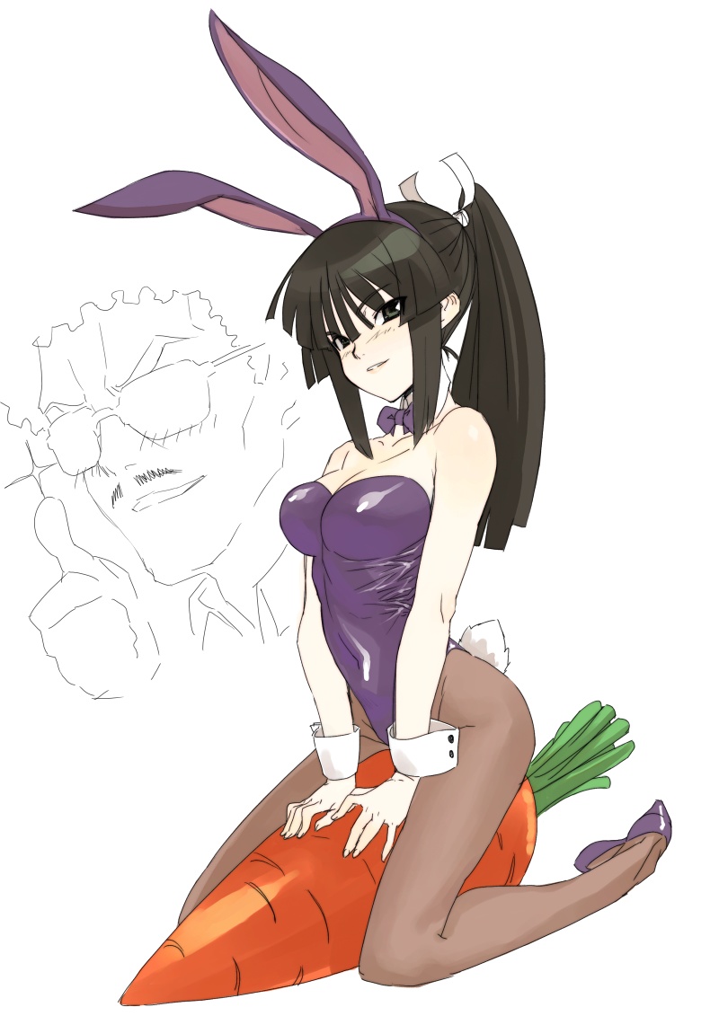 masa, shimotsuki eight, masa (seto no hanayome), shiranui akeno, seto no hanayome, bad id, bad pixiv id, 00s, 1boy, 1girl, animal ears, black hair, breasts, carrot, cleavage, facial hair, fake animal ears, legs, long hair, mustache, pantyhose, playboy bunny, ponytail, rabbit ears, sidelocks, sparkle, straddling, wrist cuffs