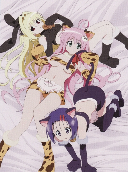 konjiki no yami, lala satalin deviluke, peke (to love-ru), sairenji haruna, to love-ru, non-web source, 00s, 3girls, all fours, animal costume, animal ears, blonde hair, blue hair, breasts, cat ears, cat tail, food, gloves, green eyes, long hair, lying, medium breasts, multiple girls, pink hair, purple eyes, rabbit ears, red eyes, small breasts, tail, taiyaki, underboob, wagashi