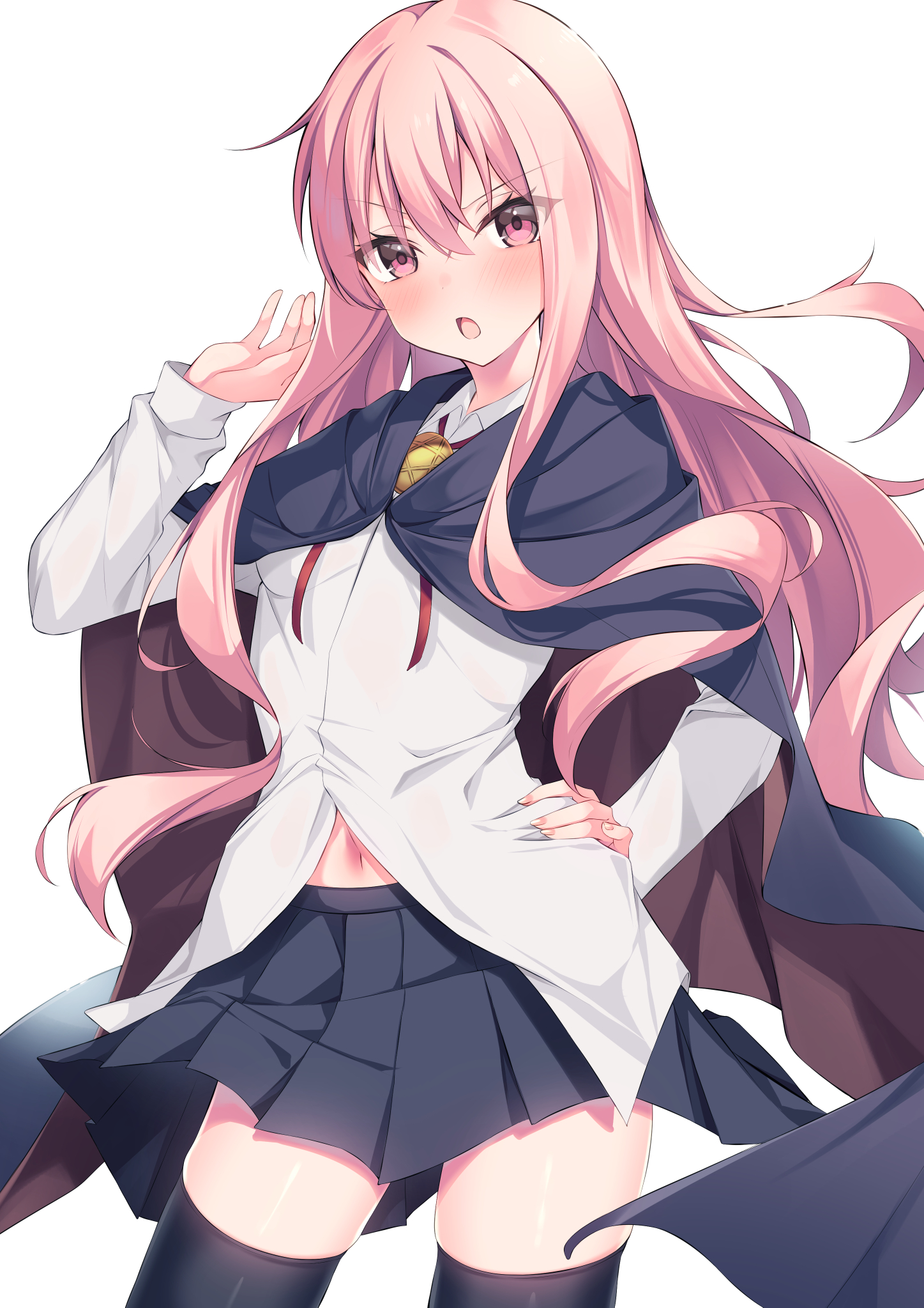 aonu koru, louise francoise le blanc de la valliere, zero no tsukaima, commentary request, highres, 1girl, black cape, black skirt, black thighhighs, blush, cape, collared shirt, cowboy shot, dress shirt, eyelashes, eyes visible through hair, floating hair, frown, hair between eyes, hand on own hip, hand up, long hair, long sleeves, looking at viewer, miniskirt, navel, open mouth, pink eyes, pink hair, pleated skirt, shirt, sidelocks, simple background, skirt, solo, thighhighs, two-sided cape, two-sided fabric, v-shaped eyebrows, very long hair, white background, white shirt, zettai ryouiki