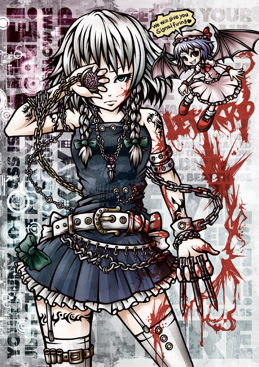 project.c.k., izayoi sakuya, remilia scarlet, touhou, highres, 2girls, between fingers, blood, chain, english text, engrish text, female focus, holding, knife, multiple girls, pocket watch, ranguage, thighhighs, throwing knife, watch, weapon