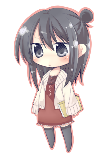 matsusaka gyuu, marui hitoha, mitsudomoe (manga), bad id, bad pixiv id, black eyes, black hair, blush, book, cardigan, chibi, dress, hair bun, single hair bun, solo, thighhighs, zettai ryouiki