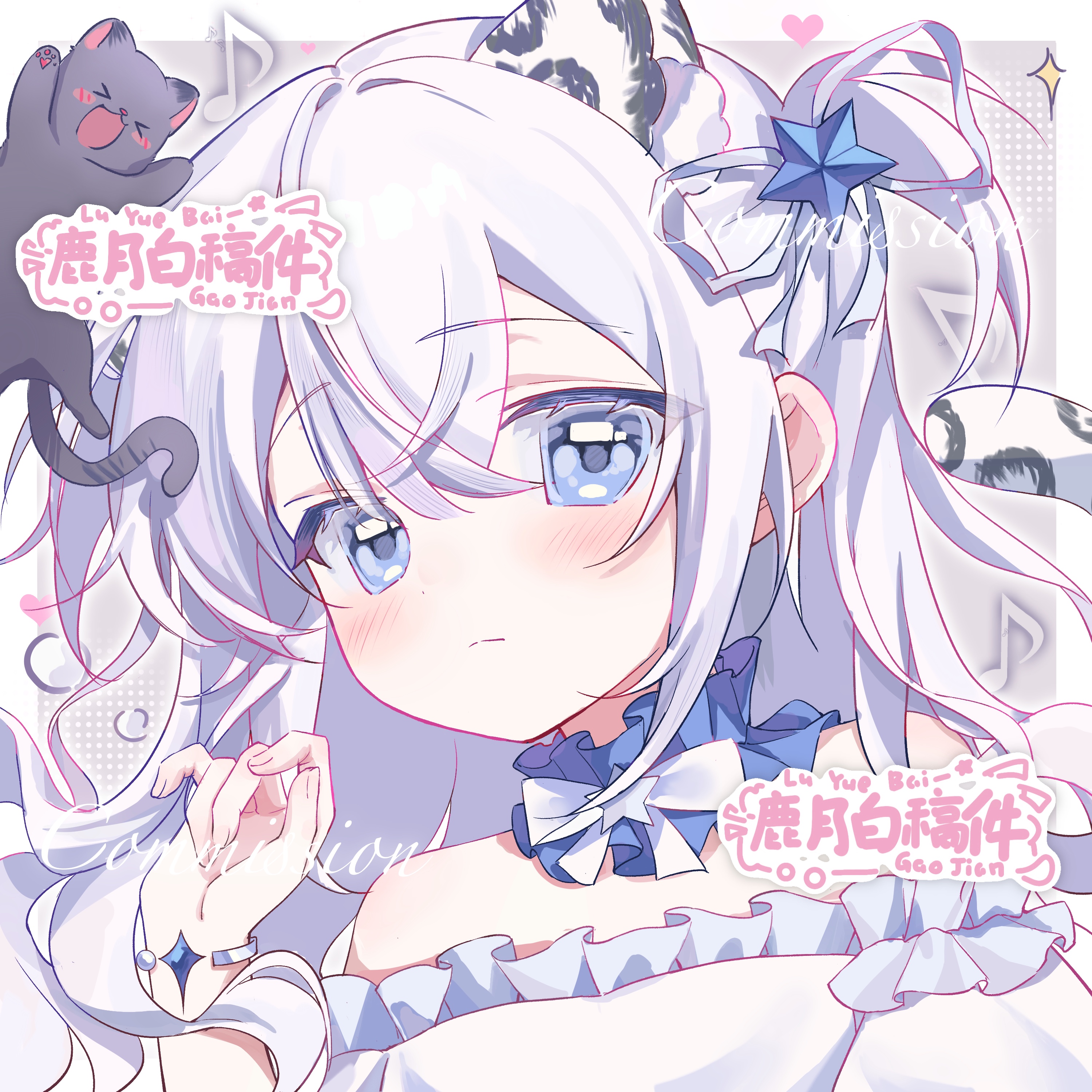 original, absurdres, commission, highres, 1girl, artist name, bare shoulders, blue choker, blue eyes, blush, border, bow, bowtie, cat, choker, closed mouth, double-parted bangs, dress, grey background, hair between eyes, hand up, heart, long hair, looking at viewer, lu yue bai, musical note, off-shoulder dress, off shoulder, outside border, portrait, solo, sparkle, white border, white bow, white bowtie, white dress, white hair