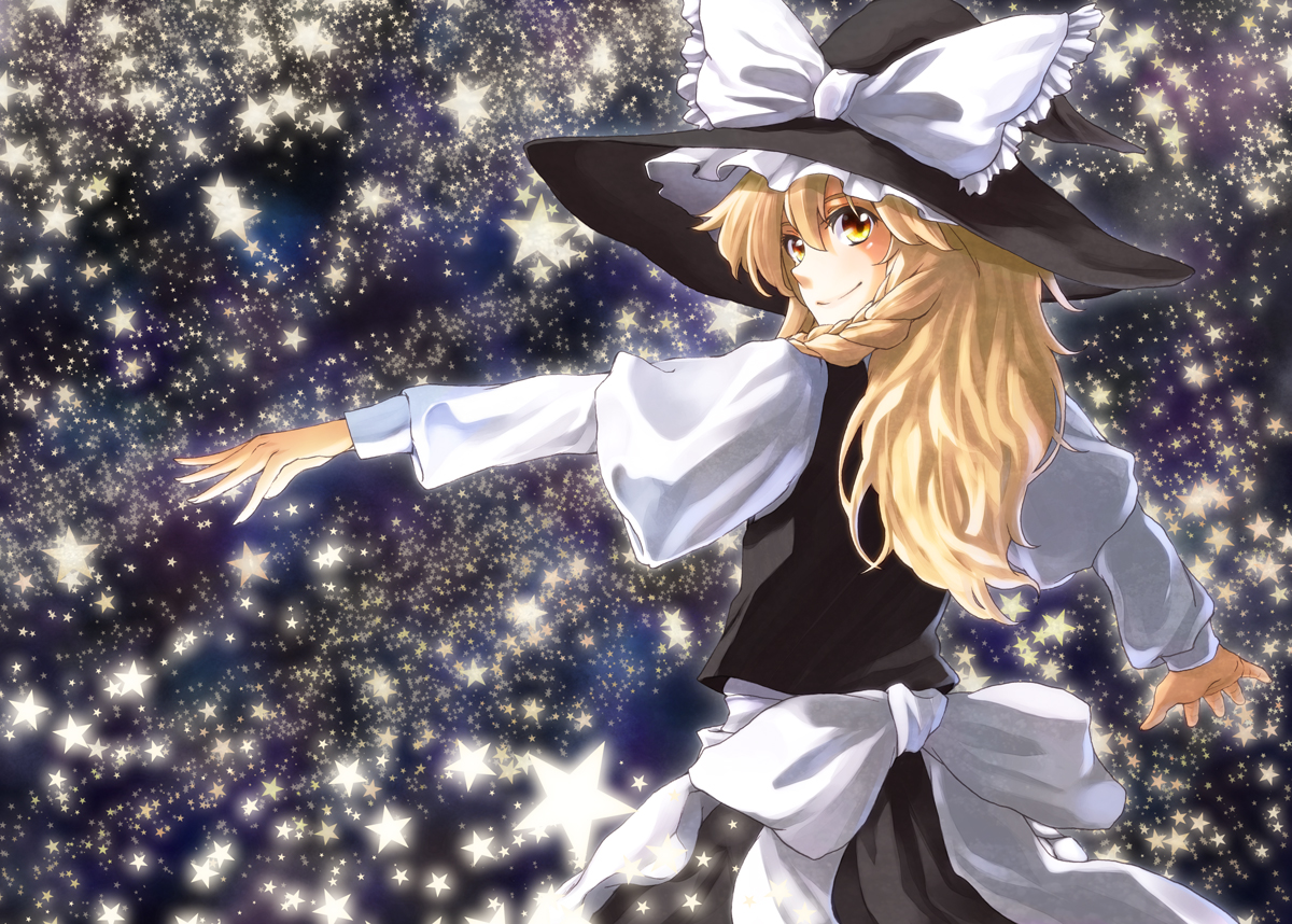 hakui ami, kirisame marisa, touhou, 1girl, blonde hair, braid, female focus, hat, long hair, looking back, skirt, solo, star (symbol), witch, witch hat, yellow eyes