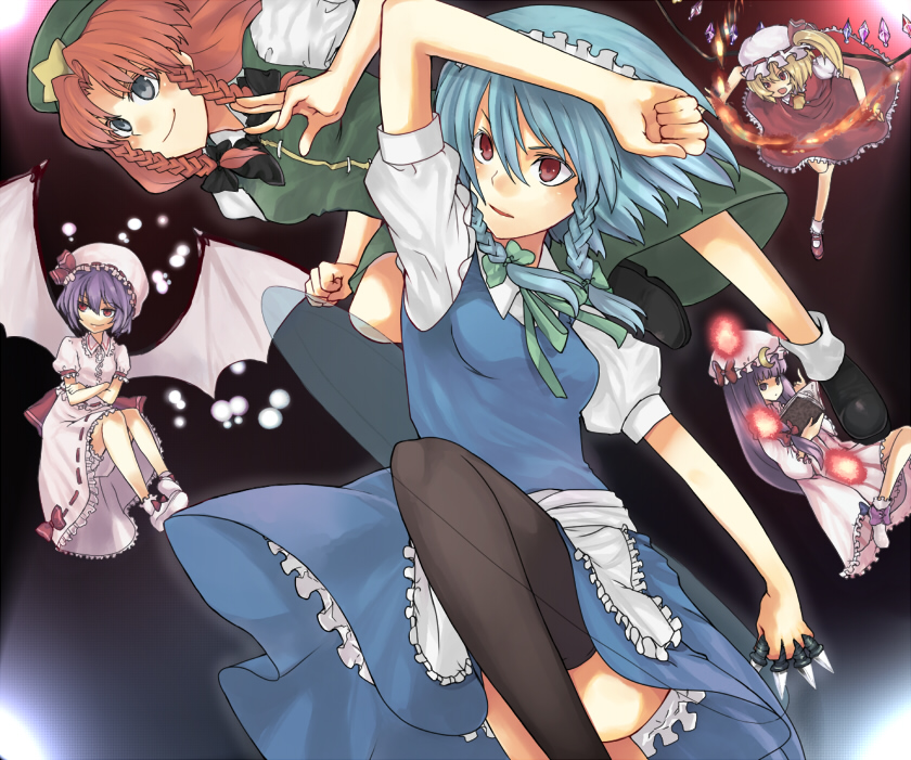 aki (mare desiderii), flandre scarlet, hong meiling, izayoi sakuya, patchouli knowledge, remilia scarlet, embodiment of scarlet devil, touhou, bad id, bad pixiv id, 5girls, book, crossed arms, female focus, fire, knife, magic, multiple girls, smile, thighhighs, throwing knife, weapon, wings