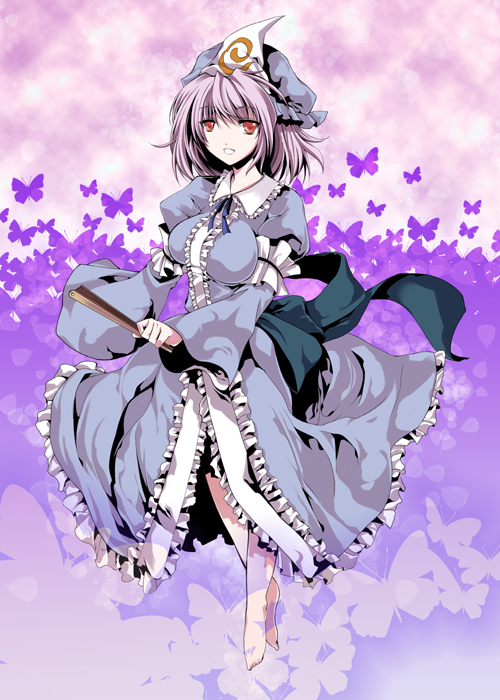 atoshi, saigyouji yuyuko, touhou, bad id, bad pixiv id, 1girl, barefoot, breasts, bug, butterfly, female focus, full body, hand fan, hat, pink hair, red eyes, short hair, solo