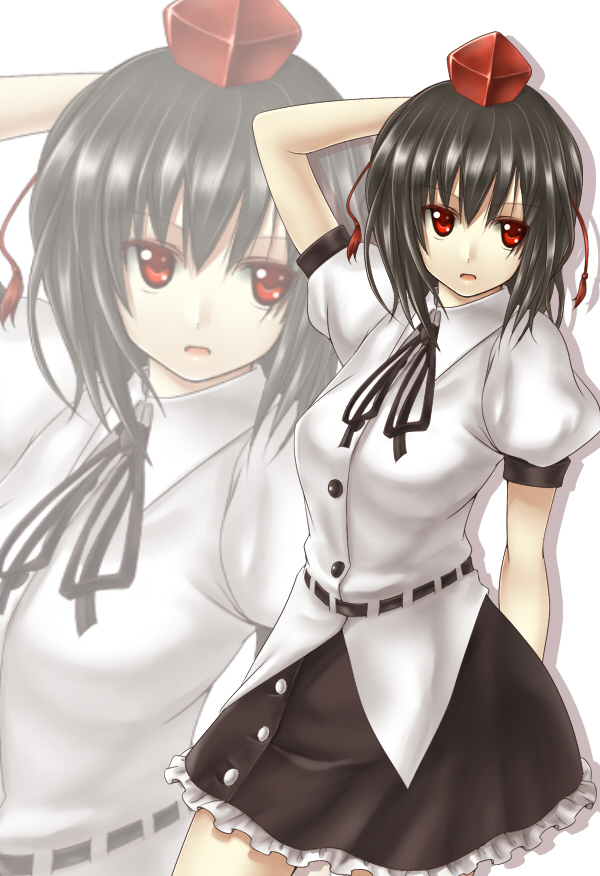 takemori shintarou, shameimaru aya, touhou, bad id, bad pixiv id, 1girl, arms up, black hair, breasts, female focus, hat, red eyes, short hair, skirt, solo, tokin hat, white background, zoom layer