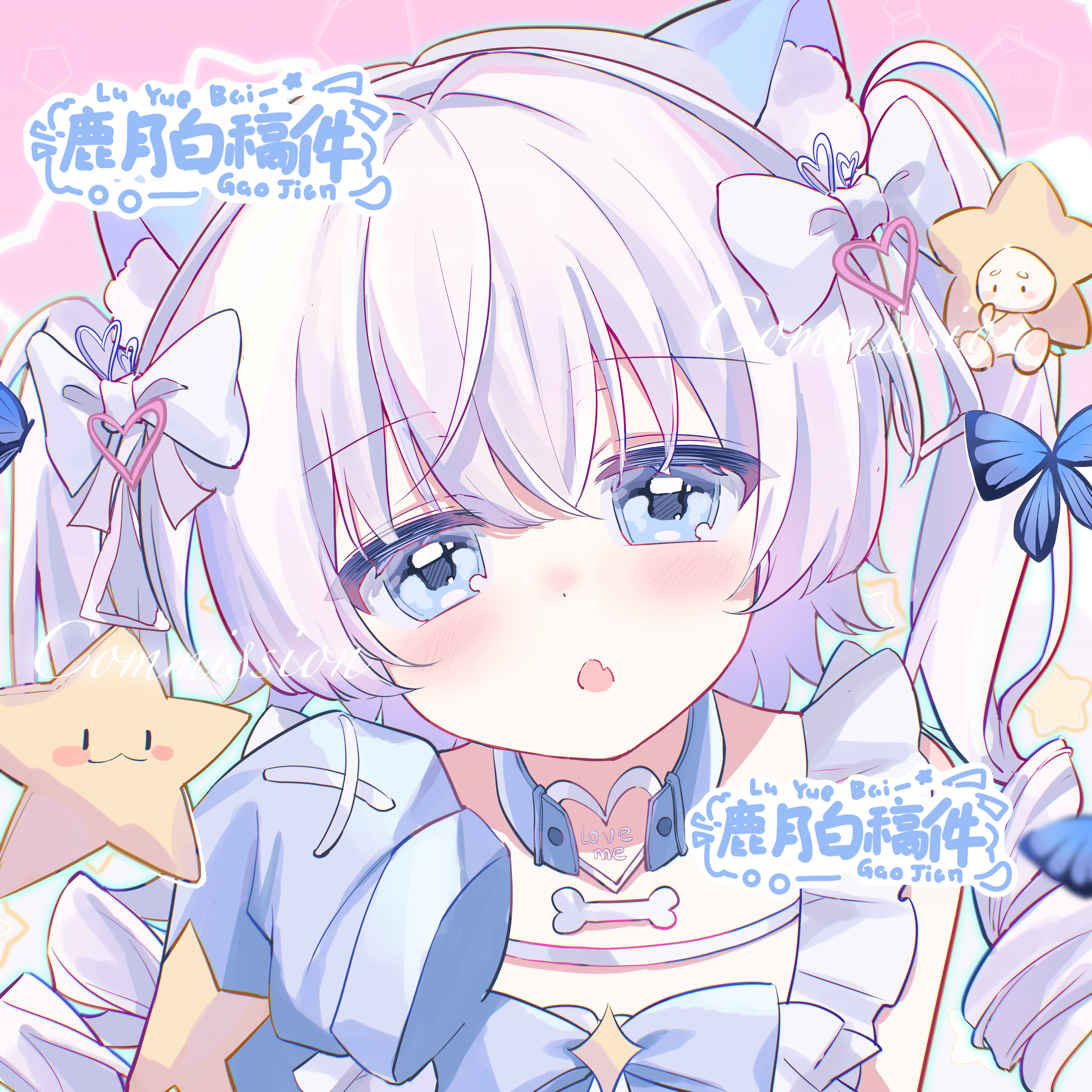 original, absurdres, commission, highres, 1girl, animal ear fluff, animal ears, artist name, blue bow, blue bowtie, blue choker, blue eyes, blush, bow, bowtie, bug, butterfly, cat ears, cat girl, choker, fang, grey hair, hair bow, hand up, heart, heart choker, insect, long hair, long sleeves, looking at viewer, lu yue bai, open mouth, portrait, shirt, skin fang, sleeveless, sleeveless shirt, sleeves past fingers, sleeves past wrists, solo, twintails, white bow, white shirt