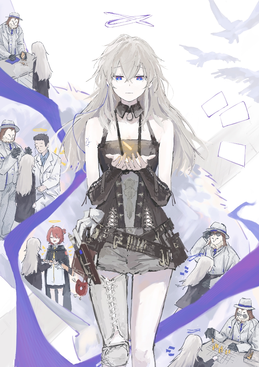 moiling, exusiai (arknights), exusiai (young) (arknights), paganini (arknights), vannini (arknights), arknights, commentary, english commentary, 2girls, 3boys, :|, armor, bare shoulders, belt, bird, black collar, black shirt, blue eyes, charm (object), chess piece, closed mouth, collar, cuisses, detached collar, expressionless, feet out of frame, grey hair, grey shorts, hair between eyes, half-closed eyes, halo, hands up, holding, holding chess piece, knee pads, leather armor, long hair, long sidelocks, looking at object, multiple belts, multiple boys, multiple girls, multiple views, own hands together, playing chess, shirt, short shorts, shorts, sidelocks, single knee pad, sleeveless, sleeveless shirt, standing, straight-on, tool belt, vambraces, white halo