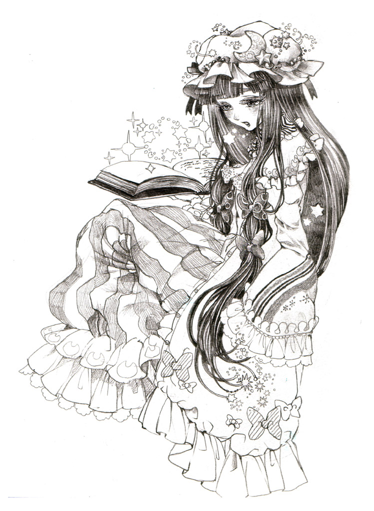 takatora, patchouli knowledge, touhou, traditional media, 1girl, book, crescent, female focus, greyscale, hat, long hair, monochrome, open book, reading, sitting, solo
