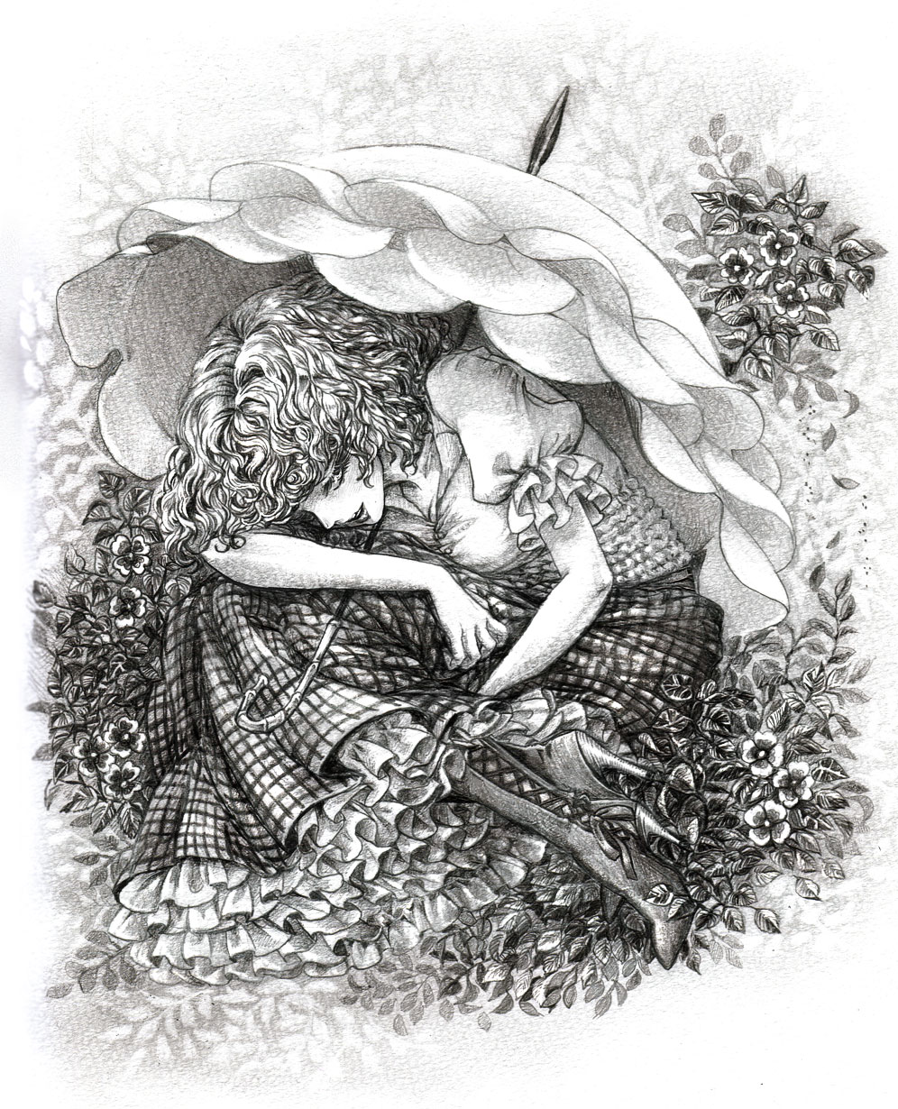 takatora, kazami yuuka, touhou, highres, traditional media, 1girl, blouse, boots, breasts, cleavage, eyelashes, female focus, flower, frills, from above, greyscale, lace-up boots, large breasts, lips, monochrome, parasol, petticoat, plaid clothes, plaid skirt, shirt, short hair, sitting, skirt, skirt set, solo, umbrella