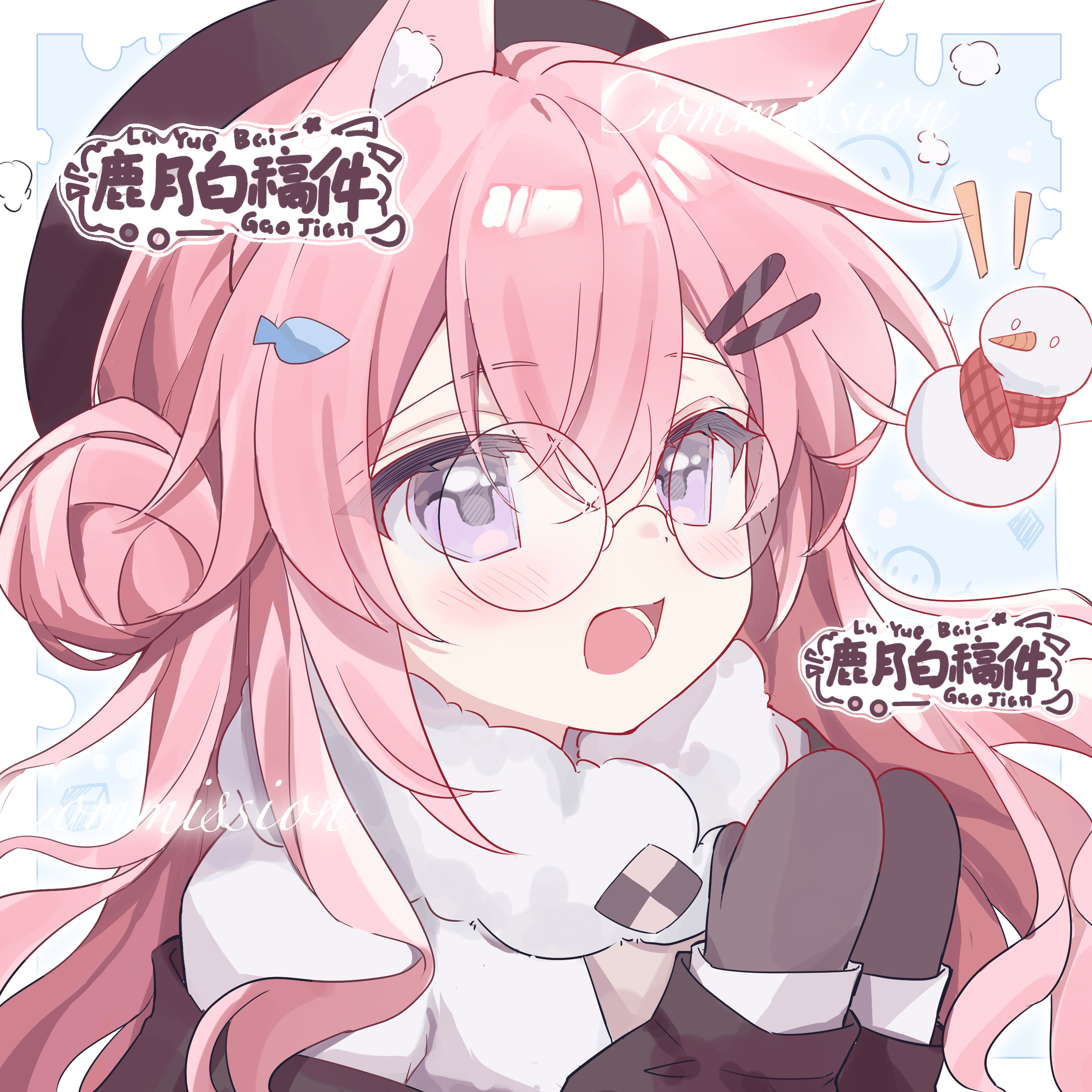 original, absurdres, commission, highres, 1girl, :d, animal ear fluff, animal ears, artist name, blue background, blush, border, brown hat, brown mittens, brown shirt, double-parted bangs, glasses, hair between eyes, hair bun, hands up, hat, long hair, long sleeves, lu yue bai, mittens, notice lines, open mouth, outside border, pink hair, portrait, purple eyes, rabbit ears, rabbit girl, round eyewear, scarf, shirt, smile, snowman, solo, white border, white scarf