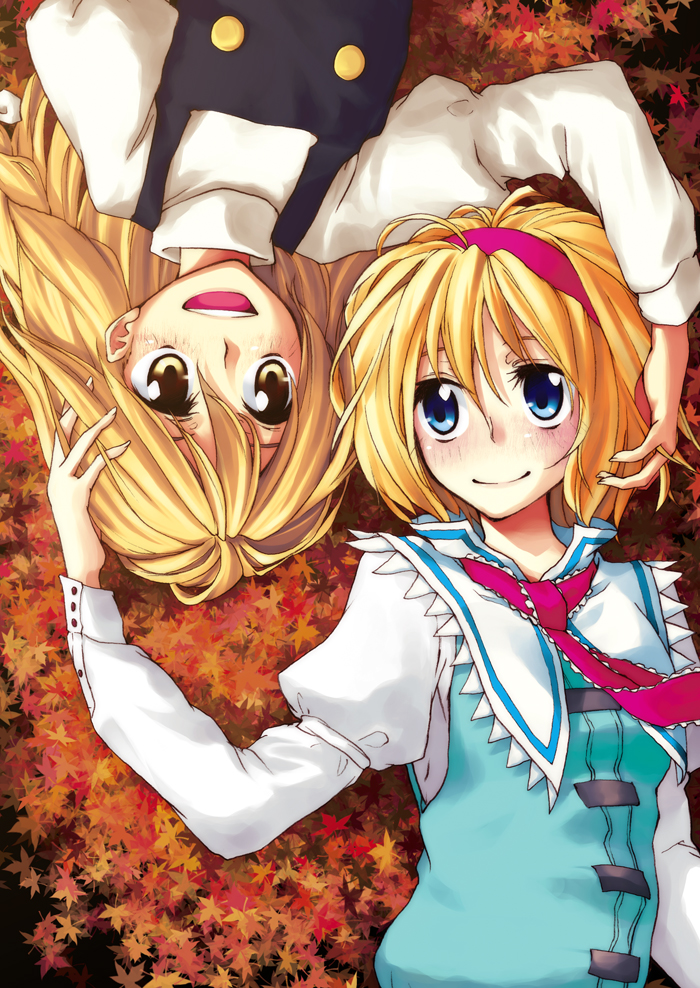 hakui ami, alice margatroid, kirisame marisa, touhou, 2girls, blonde hair, blue eyes, braid, female focus, hairband, leaf, long hair, lying, multiple girls, short hair, yellow eyes