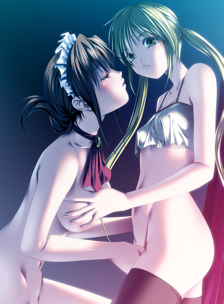 rezi, maria (hayate no gotoku!), sanzen'in nagi, hayate no gotoku!, bad id, bad pixiv id, 00s, 2girls, age difference, blonde hair, bottomless, breasts, brown hair, camisole, couple, fingering, folded ponytail, grabbing another's breast, green eyes, green hair, groin, groping, lips, loli, long hair, maid, maid headdress, medium breasts, multiple girls, navel, no panties, nude, onee-loli, short hair, small breasts, surprised, thighhighs, twintails, yuri