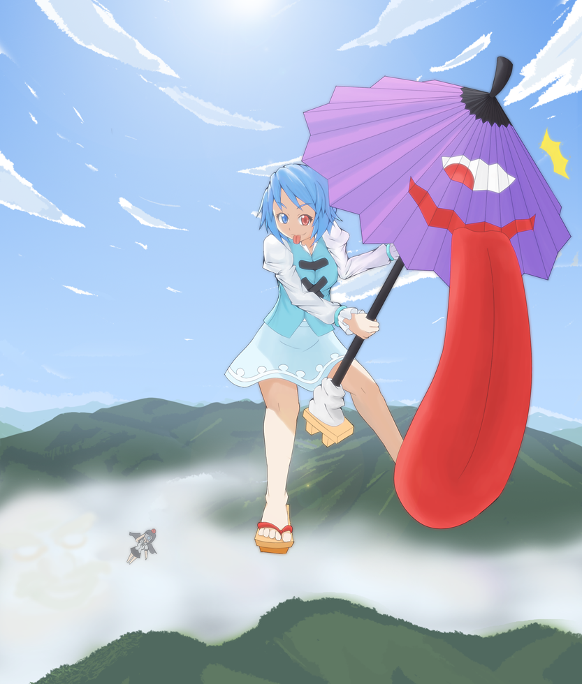 hahanami, shameimaru aya, tatara kogasa, touhou, 2girls, :p, black hair, black wings, blue eyes, blue hair, camera, female focus, geta, hat, heterochromia, karakasa obake, landscape, mountain, multiple girls, oil-paper umbrella, red eyes, sandals, short hair, tokin hat, tongue, tongue out, umbrella, wings