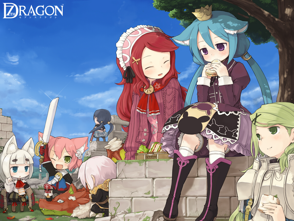7010, fighter (7th dragon), harukara (7th dragon), healer (7th dragon), ikurakun (7th dragon), kate (7th dragon), knight (7th dragon), mage (7th dragon), momomeno (7th dragon), princess (7th dragon), rogue (7th dragon), rosary (7th dragon), samurai (7th dragon), shishimaru (7th dragon), yac (7th dragon), 7th dragon, 7th dragon (series), 1boy, 5girls, 6+girls, animal ears, blue eyes, boots, crown, dress, food, green eyes, green hair, hair ornament, hairpin, multiple girls, pink hair, red hair, ribbon, sandwich, scarf, skirt, sword, twintails, weapon, white hair