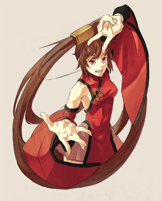 rei (pixiv 187780), kuradoberi jam, arc system works, guilty gear, 1girl, brown hair, china dress, chinese clothes, detached sleeves, dress, female focus, long hair, red eyes, solo