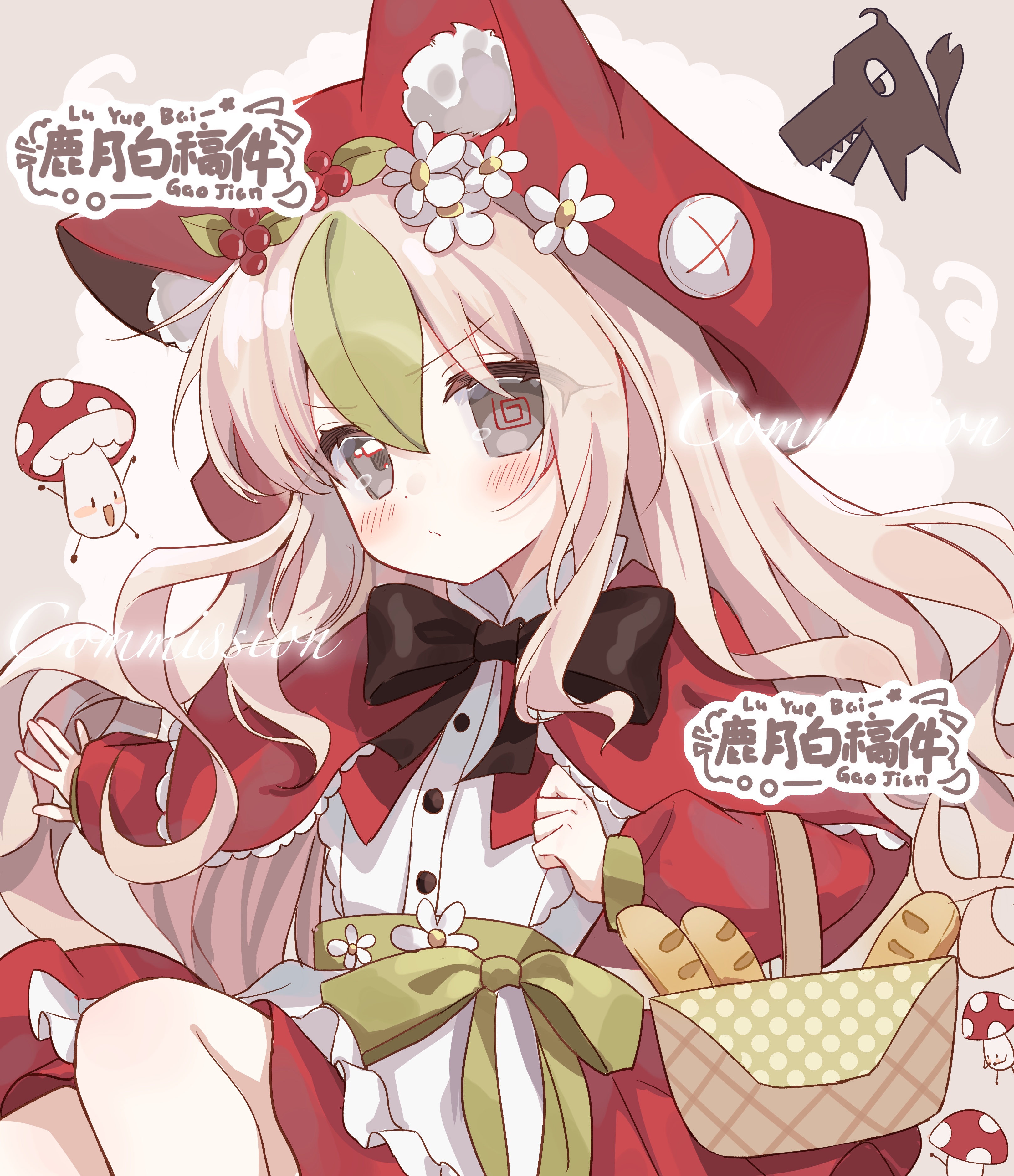original, absurdres, commission, highres, 1girl, animal ear fluff, animal ears, apron, artist name, baguette, basket, black bow, black bowtie, blonde hair, blush, bow, bowtie, bread, capelet, cat ears, cat girl, closed mouth, dot nose, food, frilled apron, frills, green hair, grey background, grey eyes, hood, hood up, hooded capelet, long hair, looking at viewer, lu yue bai, mismatched pupils, multicolored hair, mushroom, red capelet, shirt, solo, two-tone hair, upper body, waist apron, white apron, white shirt