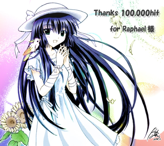 karasuma chitose, galaxy angel, non-web source, 00s, 1girl, animal, animal on shoulder, bird, bird on shoulder, blue hair, dress, feathers, female focus, flower, green eyes, hat, long hair, milestone celebration, solo, sunflower