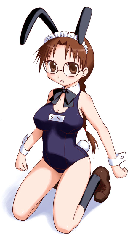 hoshina tomoko, to heart, to heart (series), non-web source, bow, bowtie, braid, brown eyes, brown hair, glasses, kneeling, long hair, one-piece swimsuit, rabbit girl, school swimsuit, solo, swimsuit, wrist cuffs