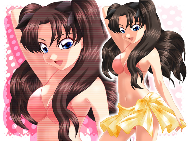 yadokari genpachirou, tohsaka rin, fate/stay night, fate (series), type-moon, 00s, 1girl, bikini, black hair, blue eyes, female focus, long hair, pink bikini, sarong, solo, swimsuit, twintails, two side up