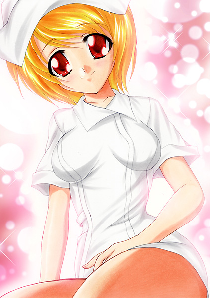yadokari genpachirou, original, marker (medium), traditional media, 1girl, blonde hair, female focus, nurse, red eyes, short hair, solo