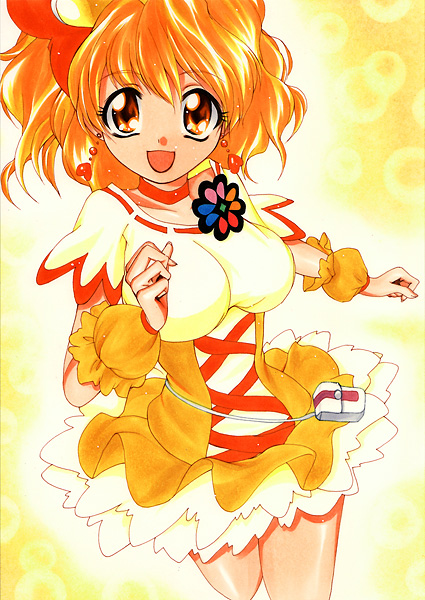 yadokari genpachirou, cure pine, yamabuki inori, fresh precure!, precure, marker (medium), traditional media, 00s, 1girl, :d, breasts, eyelashes, female focus, magical girl, matching hair/eyes, open mouth, orange eyes, orange hair, short hair, smile, solo