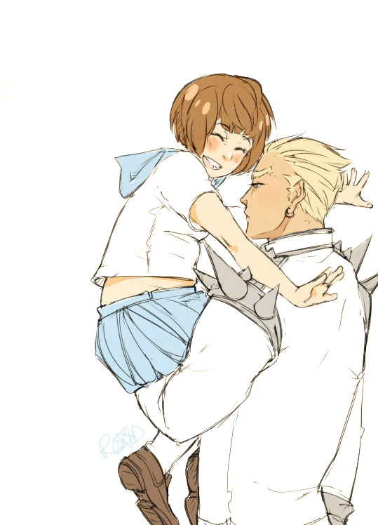rokkiroado, gamagoori ira, mankanshoku mako, kill la kill, 1boy, blonde hair, blush, bob cut, brown hair, dark skin, hug, implied hetero, loafers, school uniform, shoes, size difference