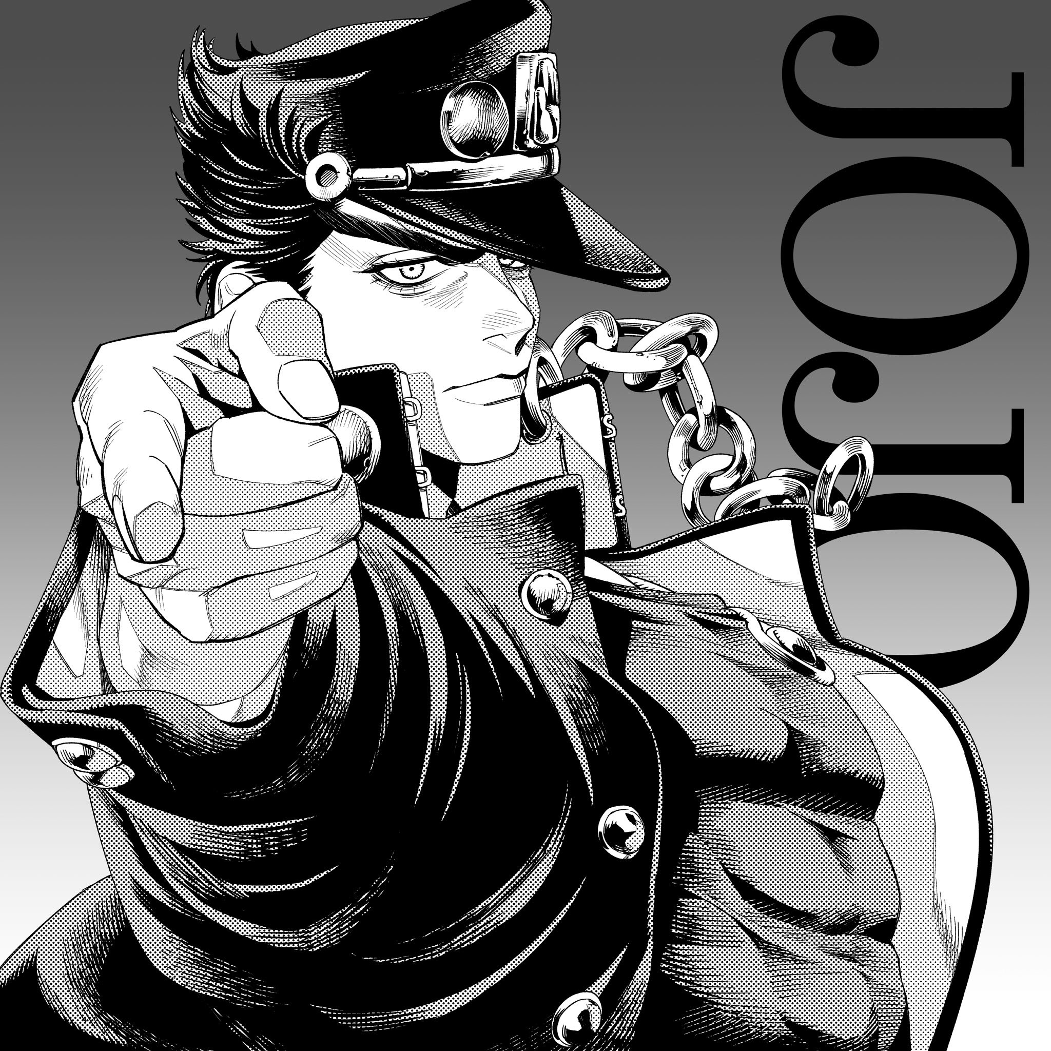 sano yuuto, kuujou joutarou, jojo no kimyou na bouken, stardust crusaders, commentary request, highres, 1boy, chain, coat, copyright name, fingernails, gakuran, gradient background, grey background, greyscale, hat, jojo pose, kujo jotaro's pose, lips, looking at viewer, male focus, monochrome, open clothes, pointing, pointing at viewer, school uniform, short hair, solo, two-tone background, upper body, v-shaped eyebrows, white background