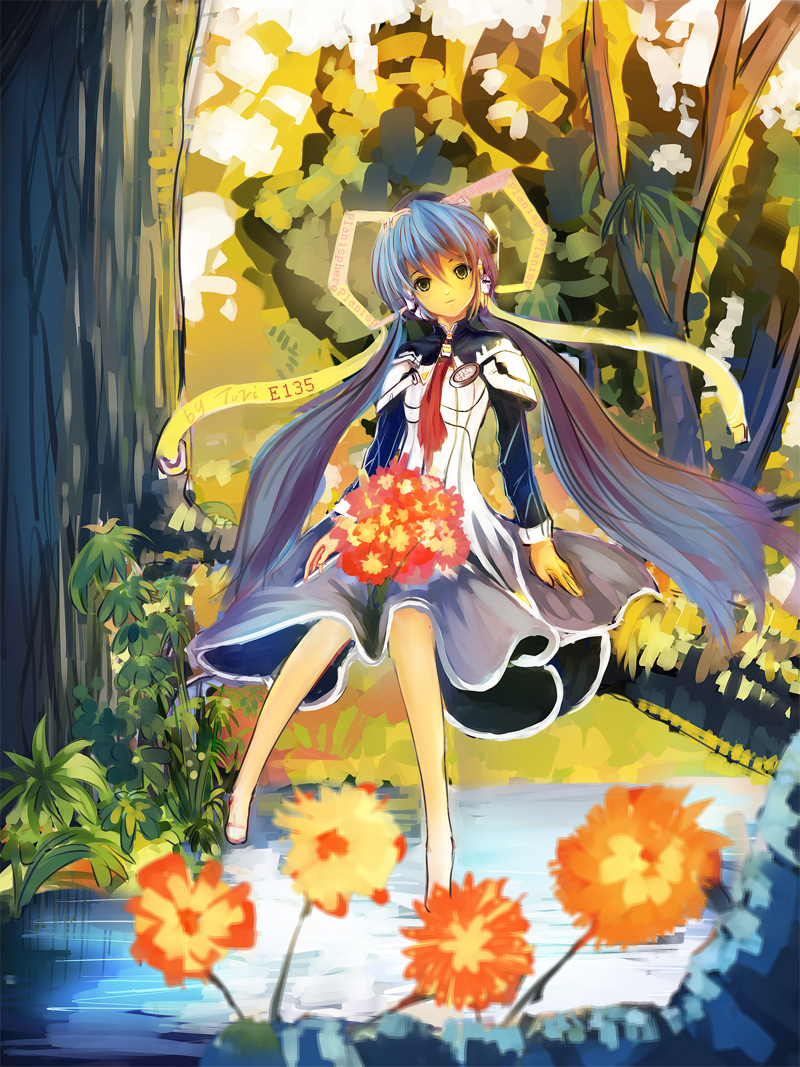 tori (pixiv315673), torinohito, hoshino yumemi, planetarian, 00s, 1girl, blue hair, cape, female focus, floating, flower, forest, long hair, long sleeves, looking at viewer, nature, necktie, plant, pond, red eyes, red necktie, sitting, solo, standing, tree, very long hair, water