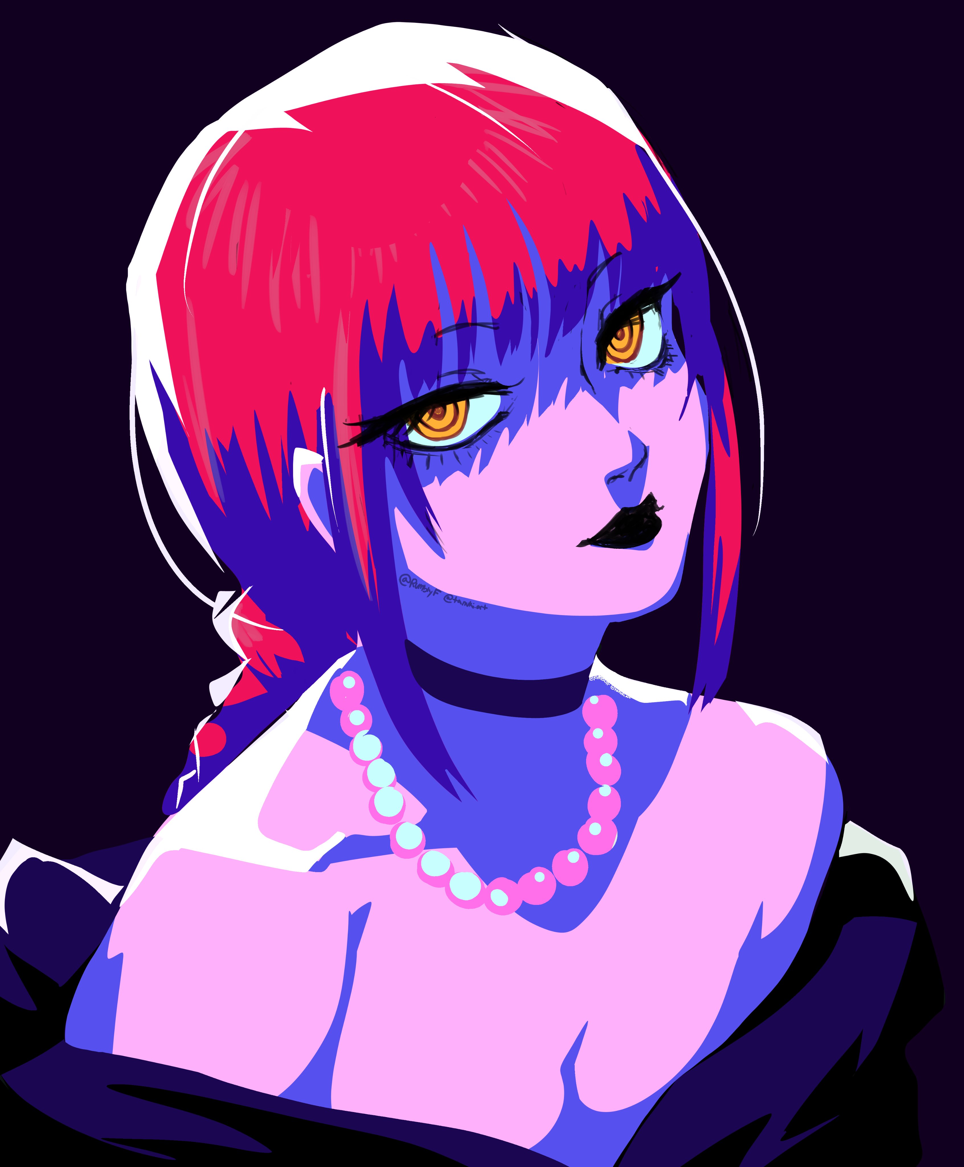rumblyf, makima (chainsaw man), chainsaw man, absurdres, commentary, highres, 1girl, bare shoulders, black background, black lips, blunt bangs, braid, braided ponytail, closed mouth, eyelashes, jewelry, necklace, pearl necklace, pink hair, ringed eyes, simple background, solo, twitter username, yellow eyes