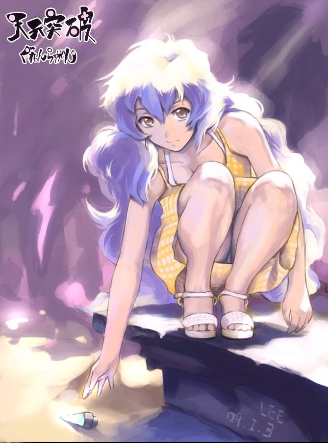 ryuuzaki ichi, zhuxiao517, nia teppelin, tengen toppa gurren lagann, bad id, bad pixiv id, derivative work, + +, 00s, 1girl, bare shoulders, blue hair, breasts, cleavage, copyright name, cross-shaped pupils, dated, dress, female focus, full body, high heels, legs, long hair, panties, pantyshot, sandals, shoes, solo, squatting, symbol-shaped pupils, underwear, upskirt, very long hair