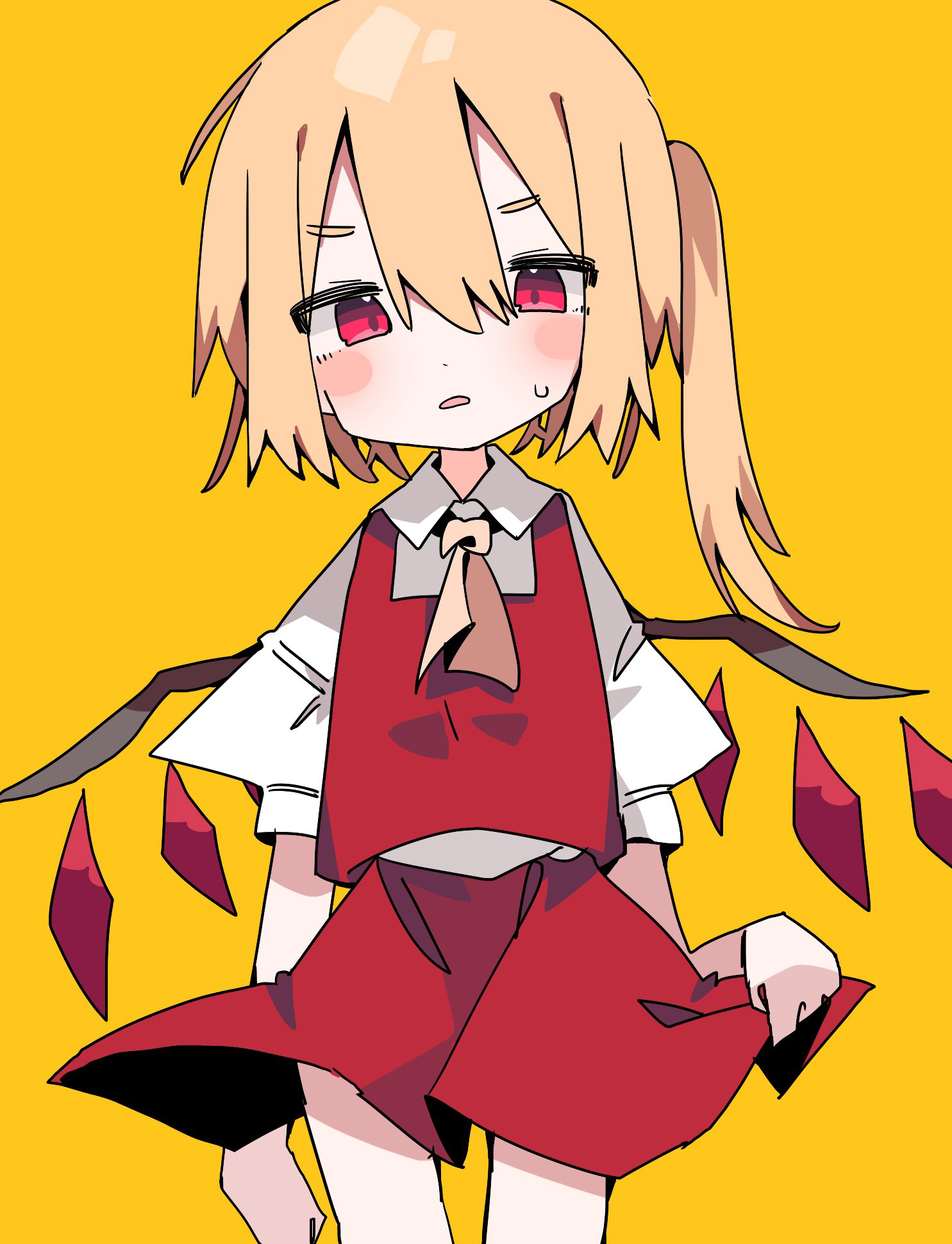 nacht musik, flandre scarlet, touhou, highres, 1girl, ascot, blonde hair, blush, collared shirt, cowboy shot, crystal, crystal wings, hair between eyes, long hair, looking at viewer, no headwear, one side up, open mouth, puffy short sleeves, puffy sleeves, red eyes, red skirt, red vest, shirt, short hair, short sleeves, side ponytail, simple background, skirt, skirt set, solo, standing, vest, white shirt, wings, yellow ascot, yellow background