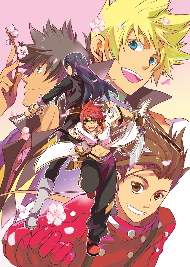 ayumiso, guy cecil, lloyd irving, luke fon fabre, raven (tales), yuri lowell, tales of (series), tales of symphonia, tales of the abyss, tales of vesperia, 00s, 5boys, black hair, blonde hair, blue eyes, brown eyes, brown hair, crossover, flower, gloves, long hair, male focus, multiple boys, petals, pink background, red hair, red shirt, shirt, sword, weapon