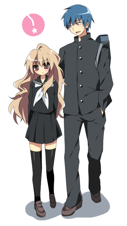 soranagi, aisaka taiga, takasu ryuuji, toradora!, bad id, bad pixiv id, 00s, 1boy, 1girl, black serafuku, blue hair, blush, brown eyes, brown hair, long hair, school uniform, serafuku, short hair, thighhighs, very long hair, zettai ryouiki