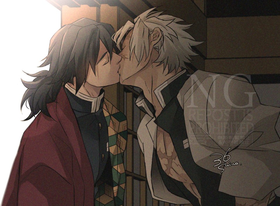 himetsuka shina, shinazugawa sanemi, tomioka giyuu, kimetsu no yaiba, 2boys, black hair, black jacket, buttons, closed eyes, demon slayer uniform, gold buttons, grey hair, haori, high collar, jacket, japanese clothes, kikkoumon, kiss, low ponytail, male focus, multiple boys, open clothes, open jacket, ponytail, print haori, short hair, spiked hair, upper body, yaoi