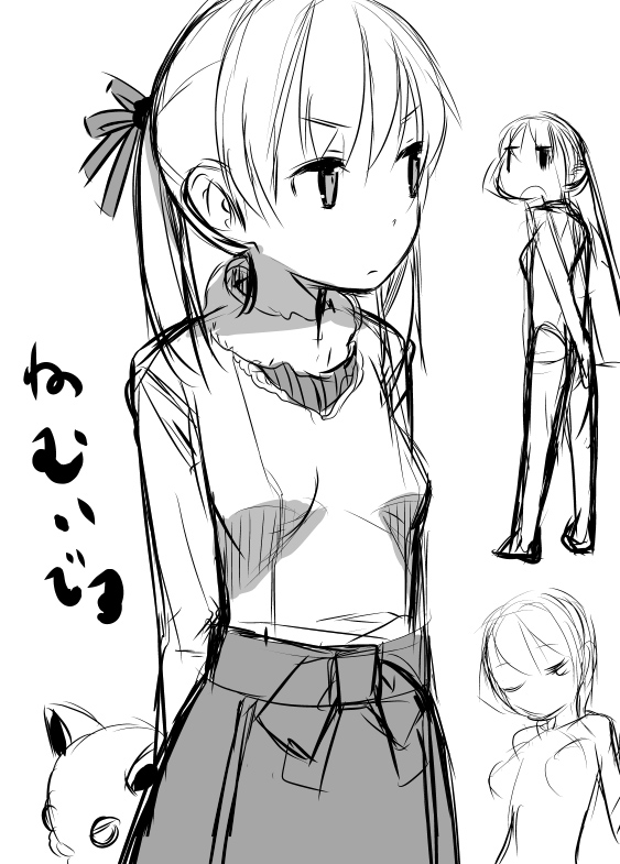 yamane masato, tagme, 1girl, greyscale, monochrome, sketch, twintails