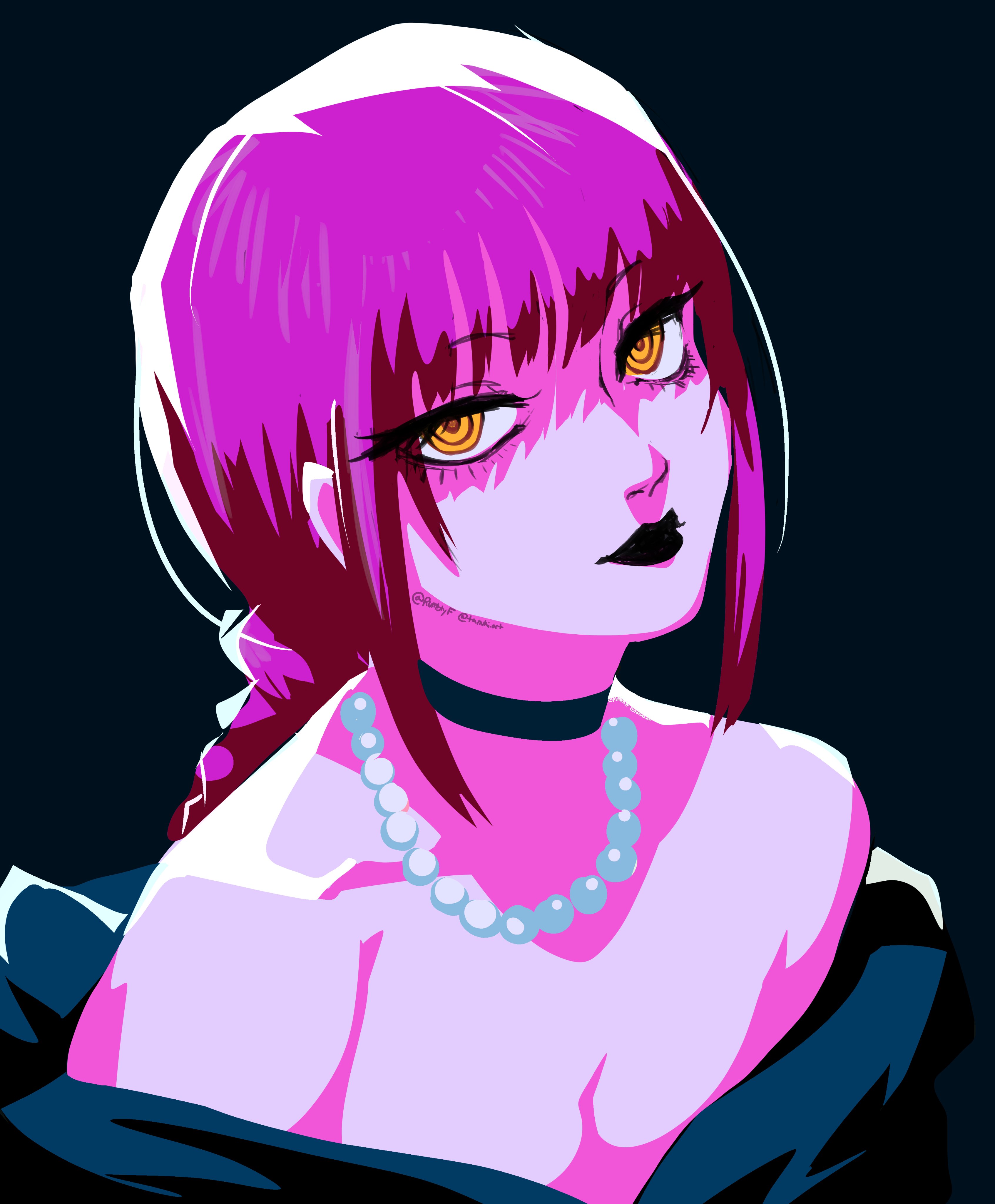 rumblyf, makima (chainsaw man), chainsaw man, absurdres, commentary, english commentary, highres, 1girl, black background, black choker, black lips, blunt bangs, choker, closed mouth, jewelry, looking at viewer, makeup, mascara, necklace, pearl necklace, pink hair, ringed eyes, sidelocks, simple background, solo, twitter username, upper body