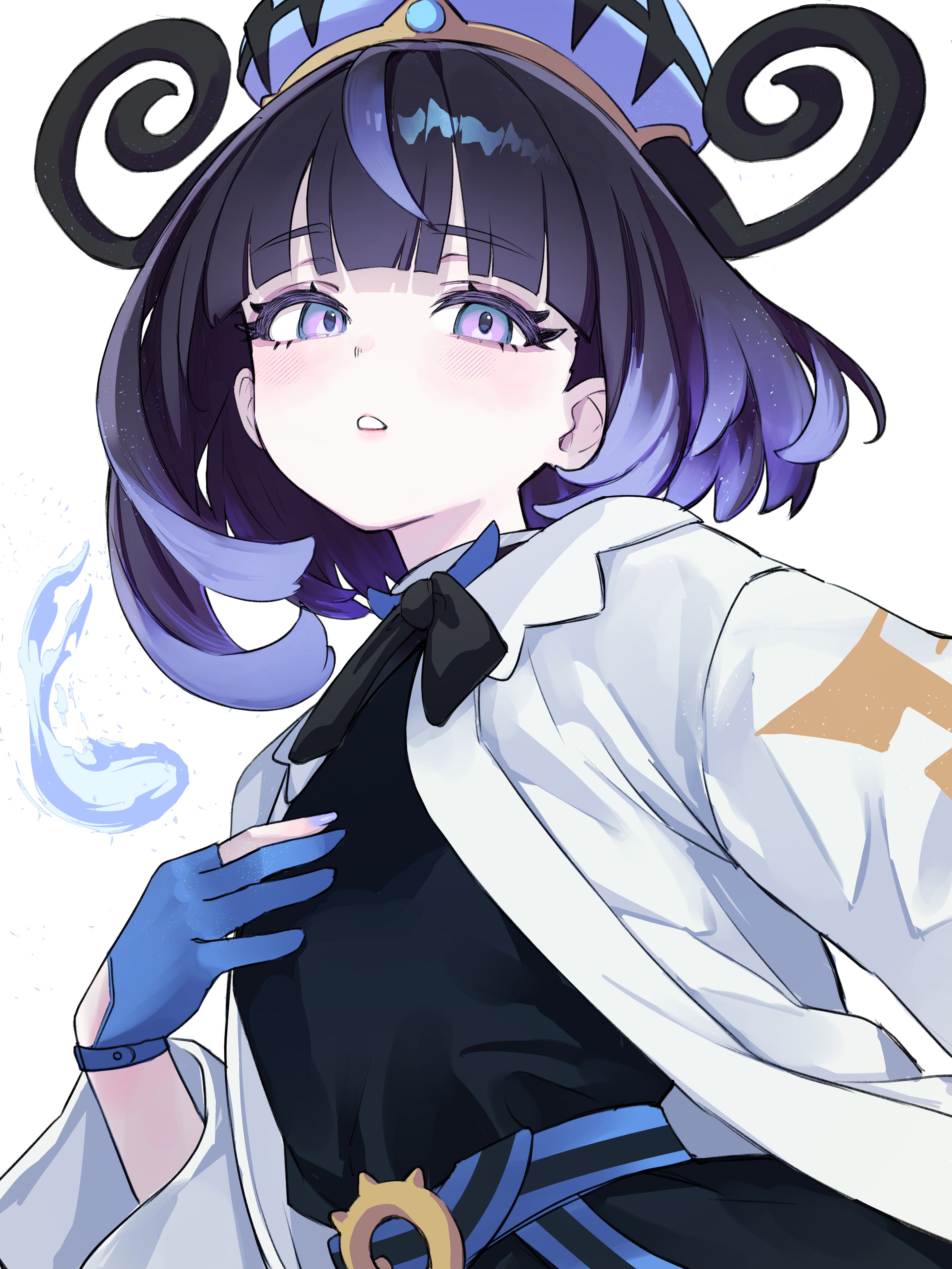 yamai yurika, gwynn (pokemon), nintendo, pokemon, pokemon legends: z-a, absurdres, commentary, highres, 1girl, bandeau, belt, black ribbon, blue gloves, blunt bangs, bob cut, coat, gloves, gradient hair, hand on own chest, hat, multicolored hair, multicolored nails, o-ring, o-ring belt, open clothes, open coat, partially fingerless gloves, purple hair, ribbon, solo, two-tone nails, white background, white coat, yellow bandeau