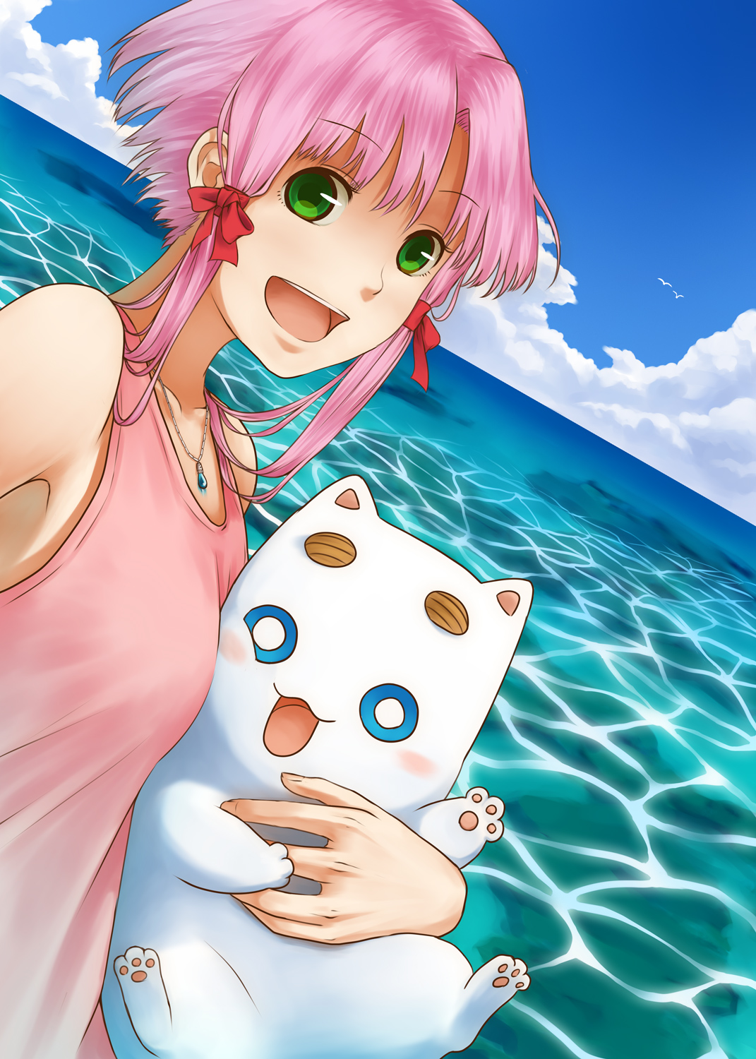urue, aria pokoteng, mizunashi akari, aria (manga), bad id, bad pixiv id, highres, 00s, alternate costume, bare shoulders, cat, green eyes, jewelry, necklace, pink hair, ribbon, short hair, short hair with long locks