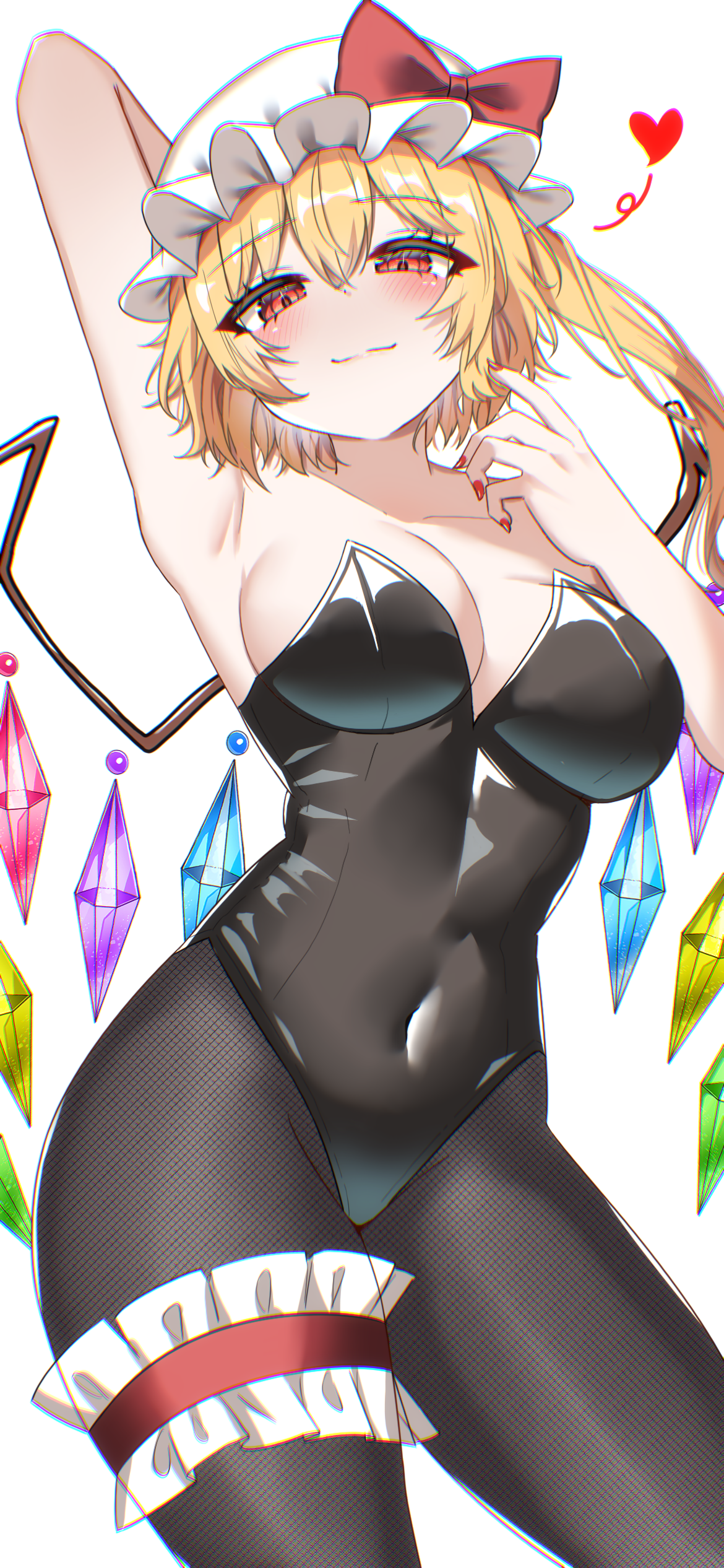 kiui (dagk8254), flandre scarlet, touhou, absurdres, highres, 1girl, alternate breast size (larger), alternate costume, armpits, bare shoulders, black leotard, blonde hair, blush, bow, breasts, cleavage, collarbone, covered navel, cowboy shot, crystal, crystal wings, hair between eyes, hat, heart, large breasts, leotard, looking at viewer, mob cap, pantyhose, playboy bunny, red eyes, side ponytail, simple background, smile, solo, white background, wings, wrist cuffs