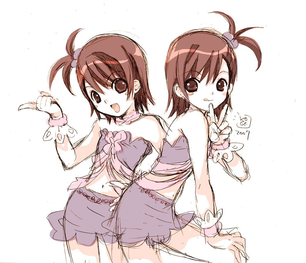 koge donbo, futami ami, futami mami, idolmaster, idolmaster (classic), idolmaster 1, 00s, 2girls, bare shoulders, child, cute & girly (idolmaster), multiple girls, siblings, sisters, twins, v