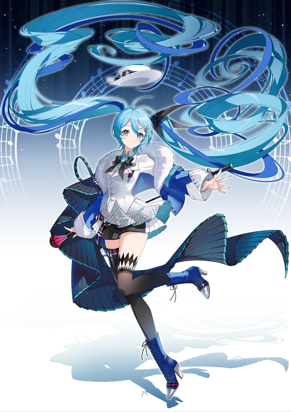 vilor, hatsune miku, miku with you (vocaloid), vocaloid, commentary, hashtag-only commentary, highres, 1girl, absurdly long hair, aqua eyes, aqua hair, asymmetrical legwear, black skirt, black thighhighs, blue boots, blue hair, boots, closed mouth, coat, collared shirt, floating hair, fur-trimmed coat, fur trim, hair between eyes, hair ornament, holding, holding wand, long hair, long sleeves, looking at viewer, musical note, musical staff, shirt, skirt, solo, thighhighs, twintails, very long hair, wand, white shirt