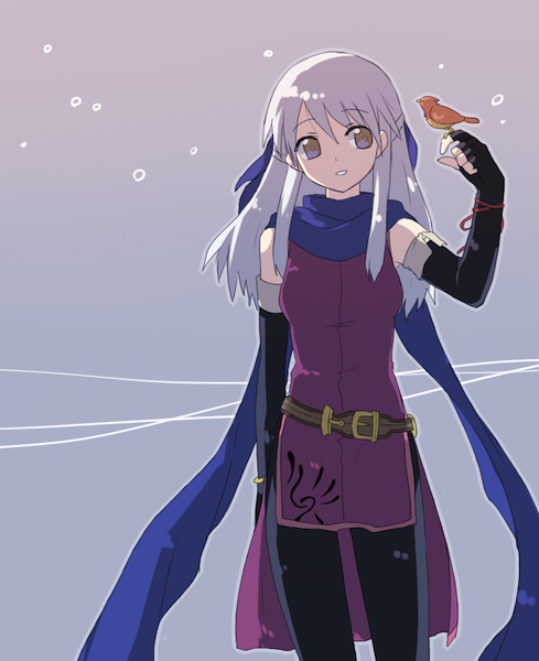 megata, micaiah (fire emblem), yune (fire emblem), fire emblem, fire emblem: radiant dawn, nintendo, silver hair, bad id, bad pixiv id, 1girl, bare shoulders, belt, bird, bird on hand, black gloves, black pantyhose, blue scarf, dress, elbow gloves, fingerless gloves, gloves, hair ribbon, half updo, long hair, pantyhose, ribbon, scarf, side slit, sleeveless, sleeveless dress, smile, yellow eyes