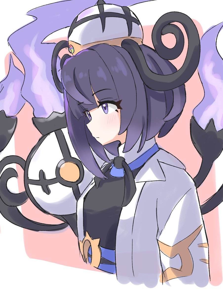 riannn desu, chandelure, gwynn (pokemon), nintendo, pokemon, pokemon legends: z-a, highres, 1girl, belt, blunt bangs, bob cut, coat, dress, gen 5 pokemon, gradient hair, hat, mega stone, multicolored hair, o-ring, o-ring belt, open clothes, open coat, pokemon (creature), purple eyes, purple hair, short hair, simple background, upper body, white coat